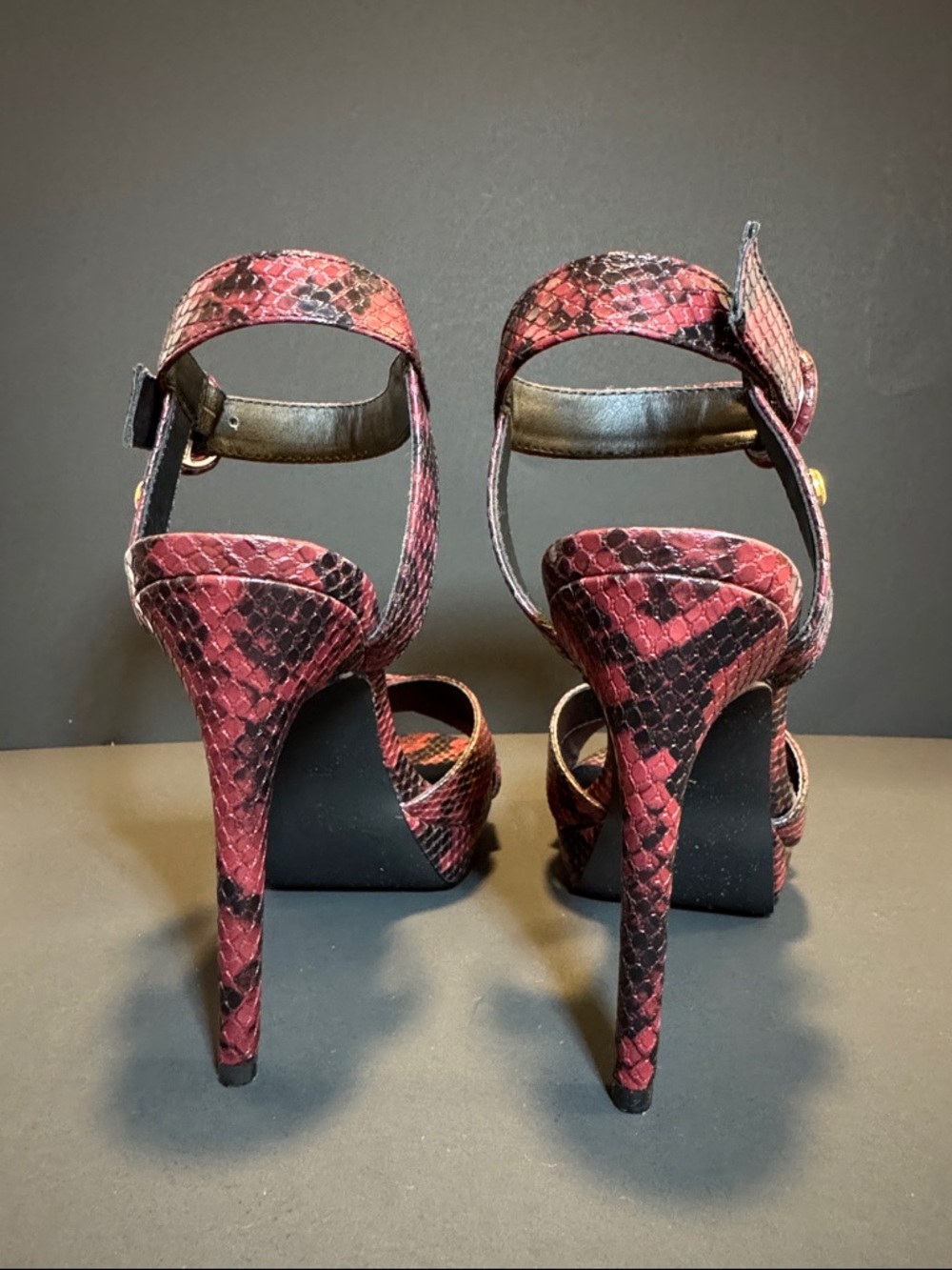 G by Guess Red Snakeskin Ankle-Strap Platform Heels - Picture 4 of 12